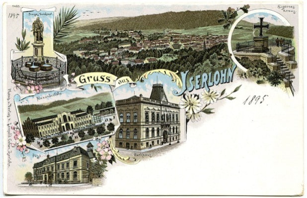 „Gruss aus Iserlohn“ - Postkartenlitho von 1895 aus dem Verlag von Leopold Cohen, Iserlohn (Stadtarchiv Iserlohn). Eine Reproduktion der Postkarte ist im Stadtarchiv erhältlich - Quelle: Stadt Iserlohn.