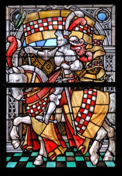 Der stolze märkische Ritter auf dem Glasfenster im Ständesaal (Foto: Roland Pieper/Märkischer Kreis).