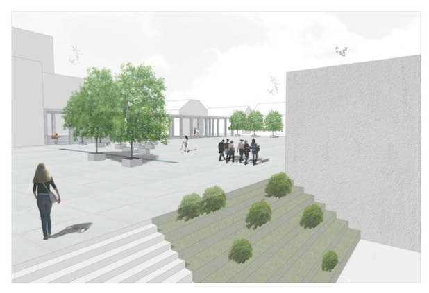 So könnte der Rathausplatz umgestaltet werden – diese beiden Fotos zeigen einen 3-D-Entwurf des Modells sowie einen entsprechenden Ausschnitt aus demselben (Quelle: Gemeinde Neunkirchen).