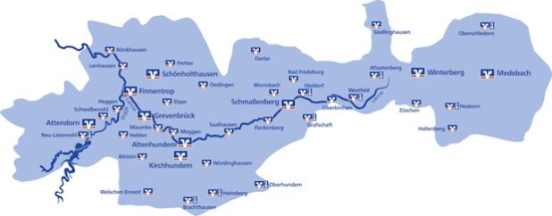 Das Geschäftsgebiet der Volksbank Bigge-Lenne mit Standorten im Kreis Olpe und im Hochsauerlandkreis (Bild: Volksbank Bigge-Lenne eG).