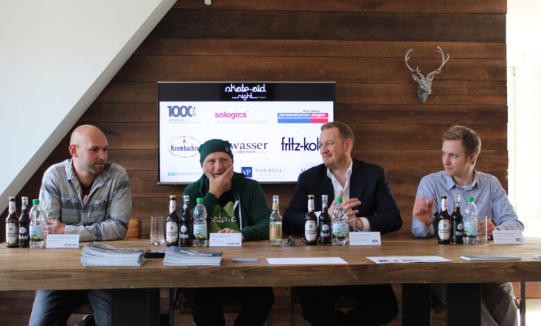 (vlnr) - Torben Oberhellmann, Titus Dittmann, Benjamin Loos, Timo Eiteneuer. Medienfrühstück und Projektpräsentation für die Skate Aid Night Gala in Siegen. Foto: Sven Oliver Rüsche (sor)