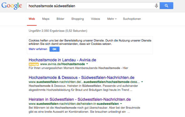 Top1 bei Google, wenn nach Hochzeitsmode und Südwestfalen gesucht wird. Ebenso bei vielen anderen Keywords! ARKM wirkt.