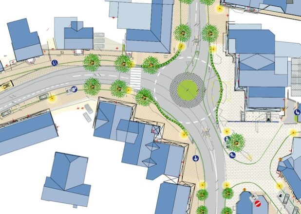 Im Juni beginnen die Arbeiten für den künftigen Kreisverkehr am Markt: Dann kann der Autoverkehr an diesem Knotenpunkt deutlich besser fließen. Bildnachweis: Stadt Olsberg